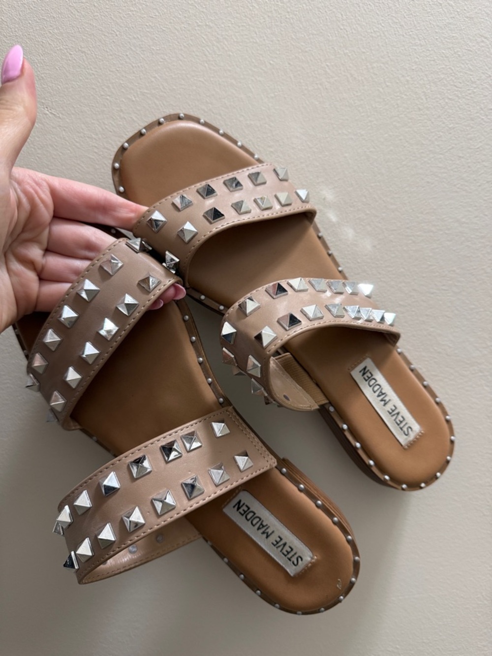Steve Madden Rose Tan Studded Double Strap Slides